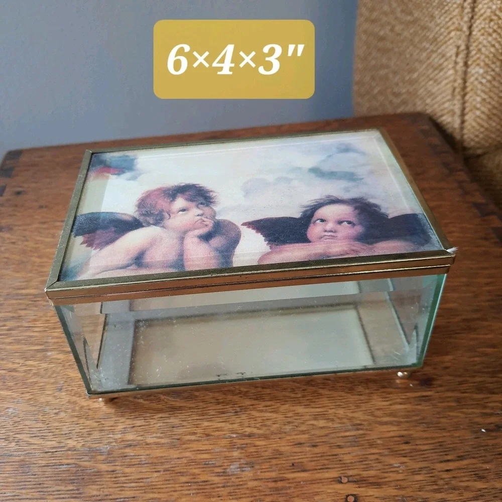 Vintage Clear Beveled Glass Footed Hinged Jewelry Box with 2 Cherub Motif